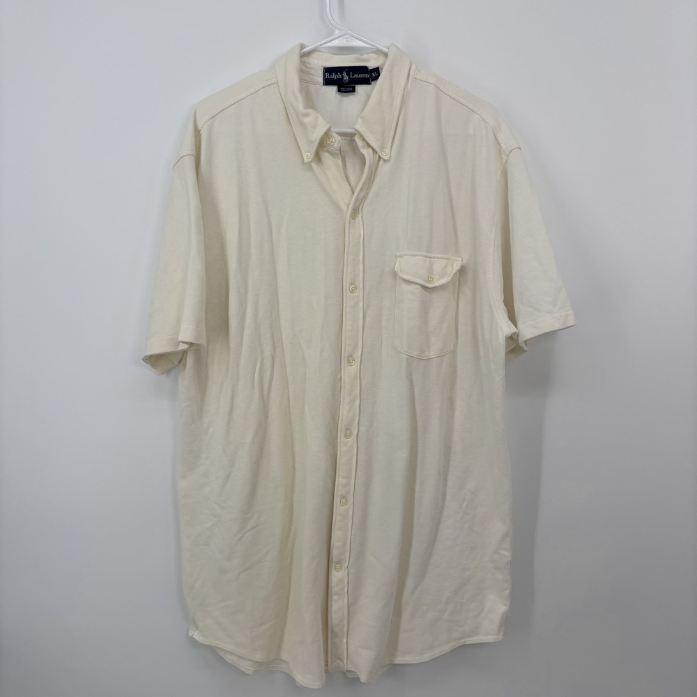 Ralph Lauren Cream Knit Button Up Polo Shirt Men's Size XL‎ Short Sleeve Summer